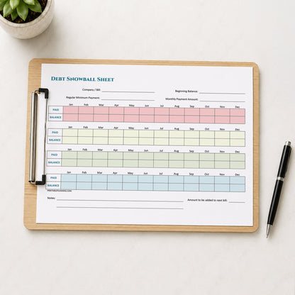 A printed Debt Snowball Tracker (printable) page shown on a wooden clipboard on a table with a plant and a pen.
