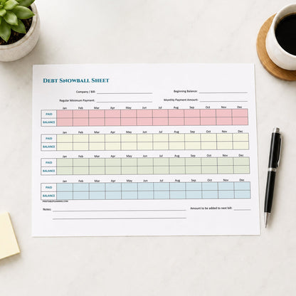 A printed Debt Snowball Sheet page laid on a light desk, surrounded by a small potted succulent, a cup of coffee on a coaster, and a black pen.