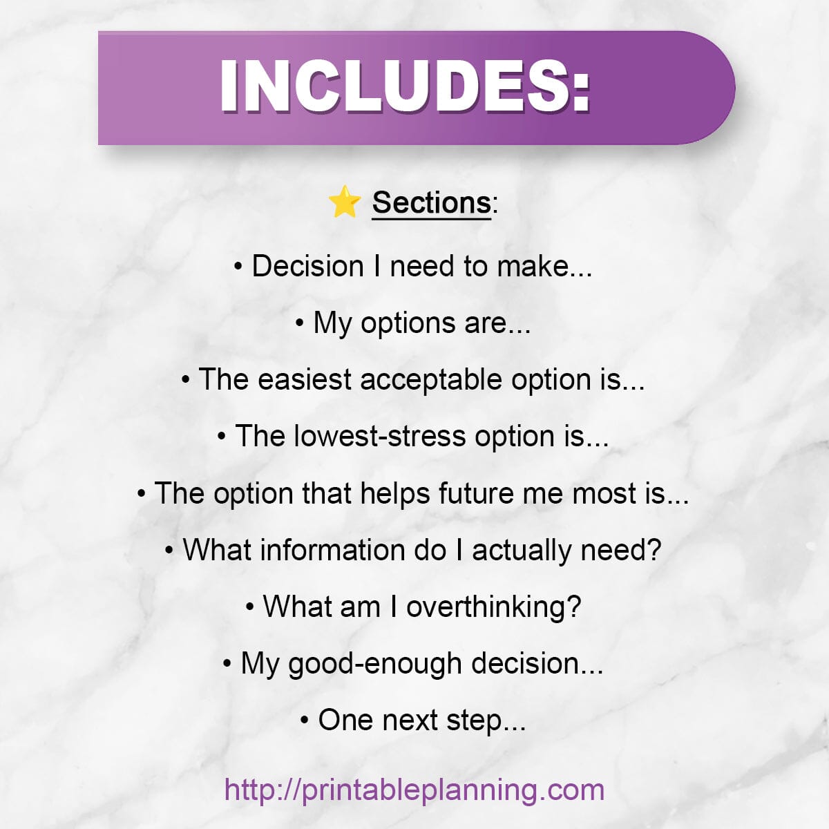 List of sections included on the Decision Fatigue Printable Worksheet