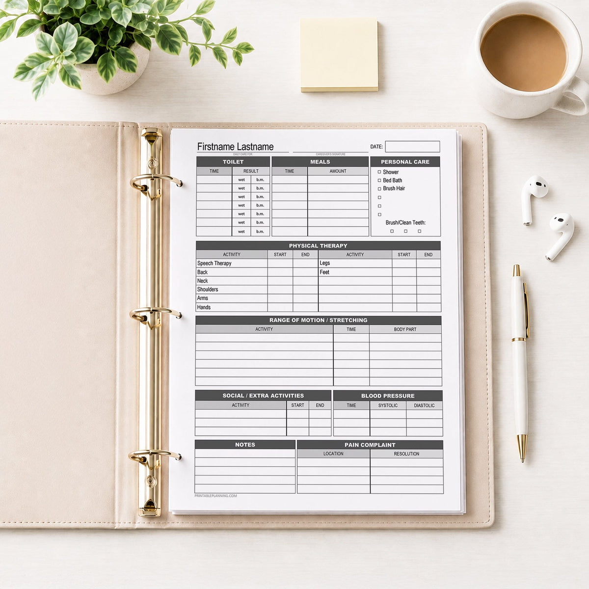 A printed Disability Caregiver Daily Log with Physical Therapy Tracker (printable page) shown in a beige binder on a desk with a plant, sticky notes, coffee, earbuds, and a pen.