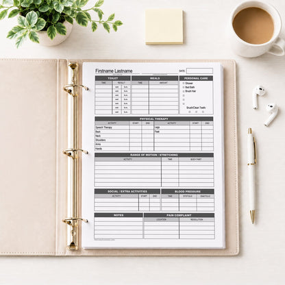 A printed Disability Caregiver Daily Log with Physical Therapy Tracker (printable page) shown in a beige binder on a desk with a plant, sticky notes, coffee, earbuds, and a pen.