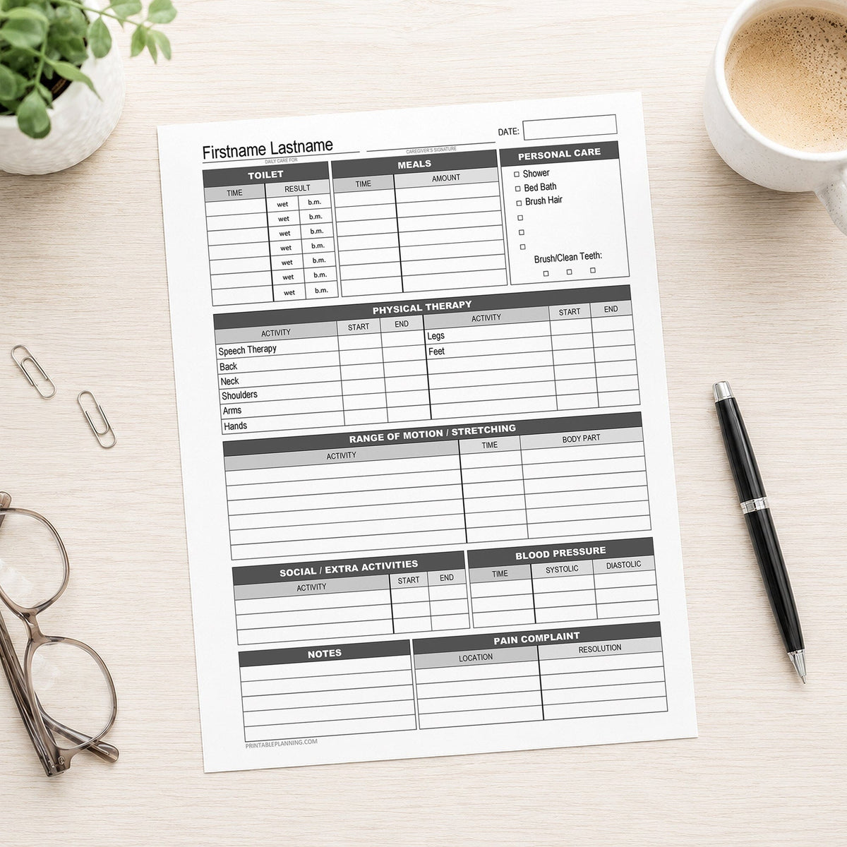A printed Disability Caregiver Daily Log with Physical Therapy Tracker (printable page) shown on a desk with a plant, paperclips, glasses, coffee, and a pen.
