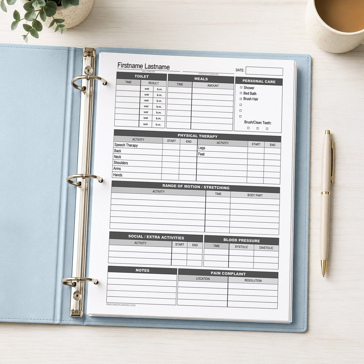 A printed Disability Caregiver Daily Log with Physical Therapy Tracker (printable page) shown in a light blue binder on a desk with a plant, coffee, and a pen.