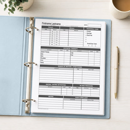 A printed Disability Caregiver Daily Log with Physical Therapy Tracker (printable page) shown in a light blue binder on a desk with a plant, coffee, and a pen.