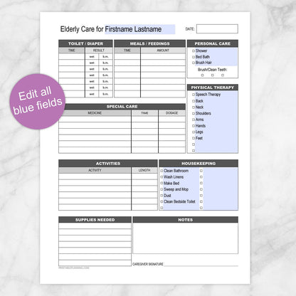Printable Elderly Care, Daily Care Sheet with Housekeeping at Printable Planning. Edit all blue fields in a PDF app.