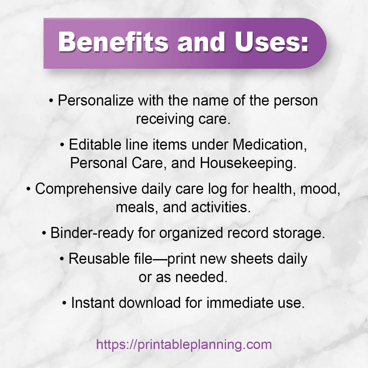 List of benefits and uses for the Elderly Care, Daily Care Sheet with Alertness Housekeeping.