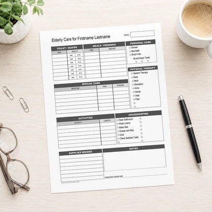 Elderly Care, Daily Care Sheet with Housekeeping (printable page) shown on a desk with glasses, coffee, a plant, and a pen.