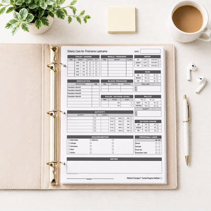 Elderly Daily Care Sheet with Alertness & Housekeeping (printable page) shown in a beige binder on a desk with earbuds, notes, coffee, a plant, and a pen.