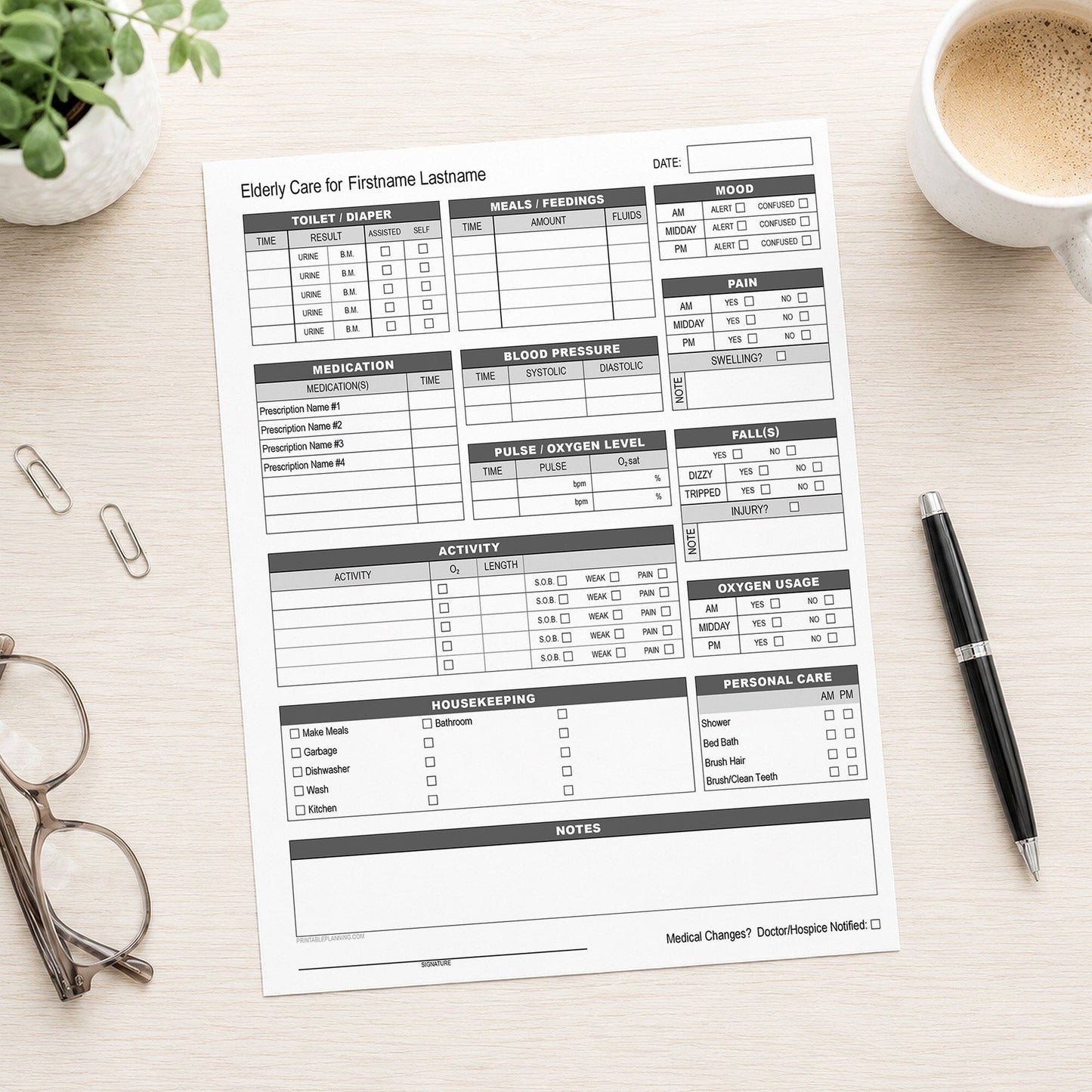 Elderly Daily Care Sheet with Alertness & Housekeeping (printable page) shown on a desk with glasses, coffee, a plant, and a pen.