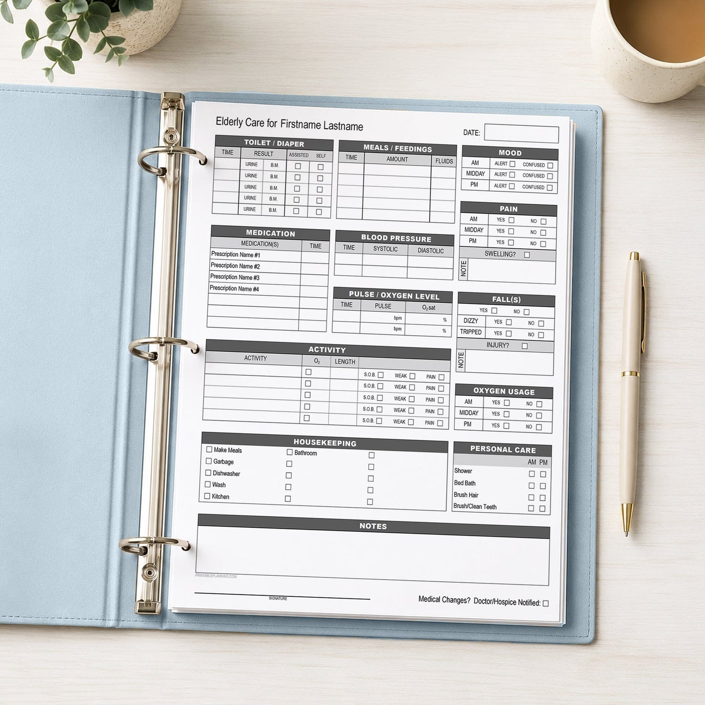 Elderly Daily Care Sheet with Alertness & Housekeeping (printable page) shown in a light blue binder on a desk with a plant, coffee, and a pen.