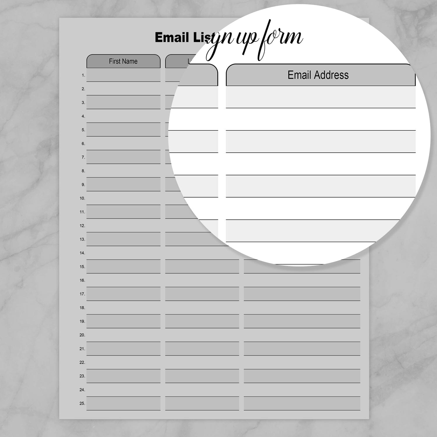 Image zoomed in on the Email Address column on the Email List - Sign Up Form