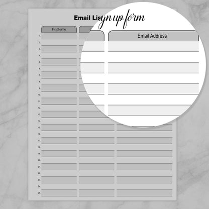 Image zoomed in on the Email Address column on the Email List - Sign Up Form