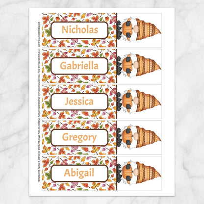 Printable Personalized Fall Pumpkin Gnome Bookmarks at Printable Planning. Sheet of 5 bookmarks.