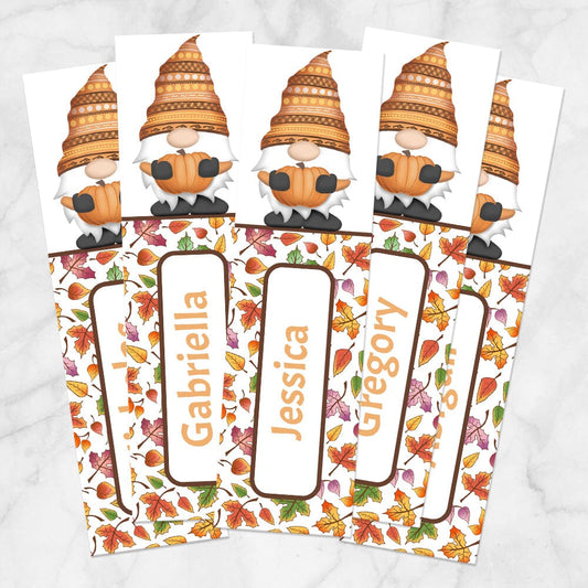 Printable Personalized Fall Pumpkin Gnome Bookmarks at Printable Planning. Example of 5 bookmarks.