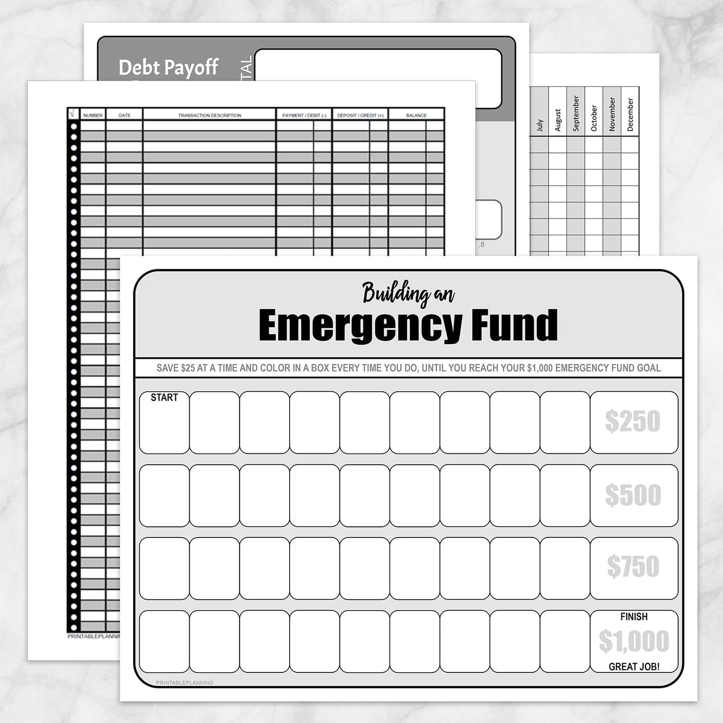 Printable Financial BUNDLE: Bill Payment, Transaction Register, Emergency Fund, Debt Payoff pages at Printable Planning.