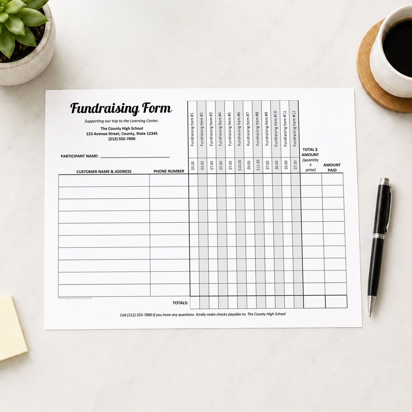 A Fundraiser Order Form with 12 Item Columns printed on a white sheet is laid on a light desk surface, surrounded by a small potted succulent, a cup of coffee on a coaster, and a black pen.