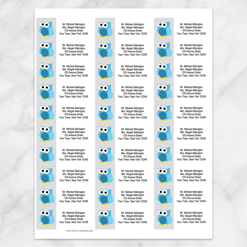 Printable Funny Cute Blue Owl Address Labels at Printable Planning. Sheet of 30 labels.