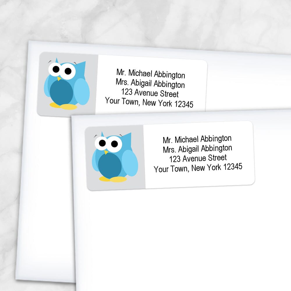 Printable Funny Cute Blue Owl Address Labels at Printable Planning. Shown on envelopes.