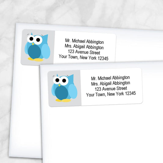 Printable Funny Cute Blue Owl Address Labels at Printable Planning. Shown on envelopes.