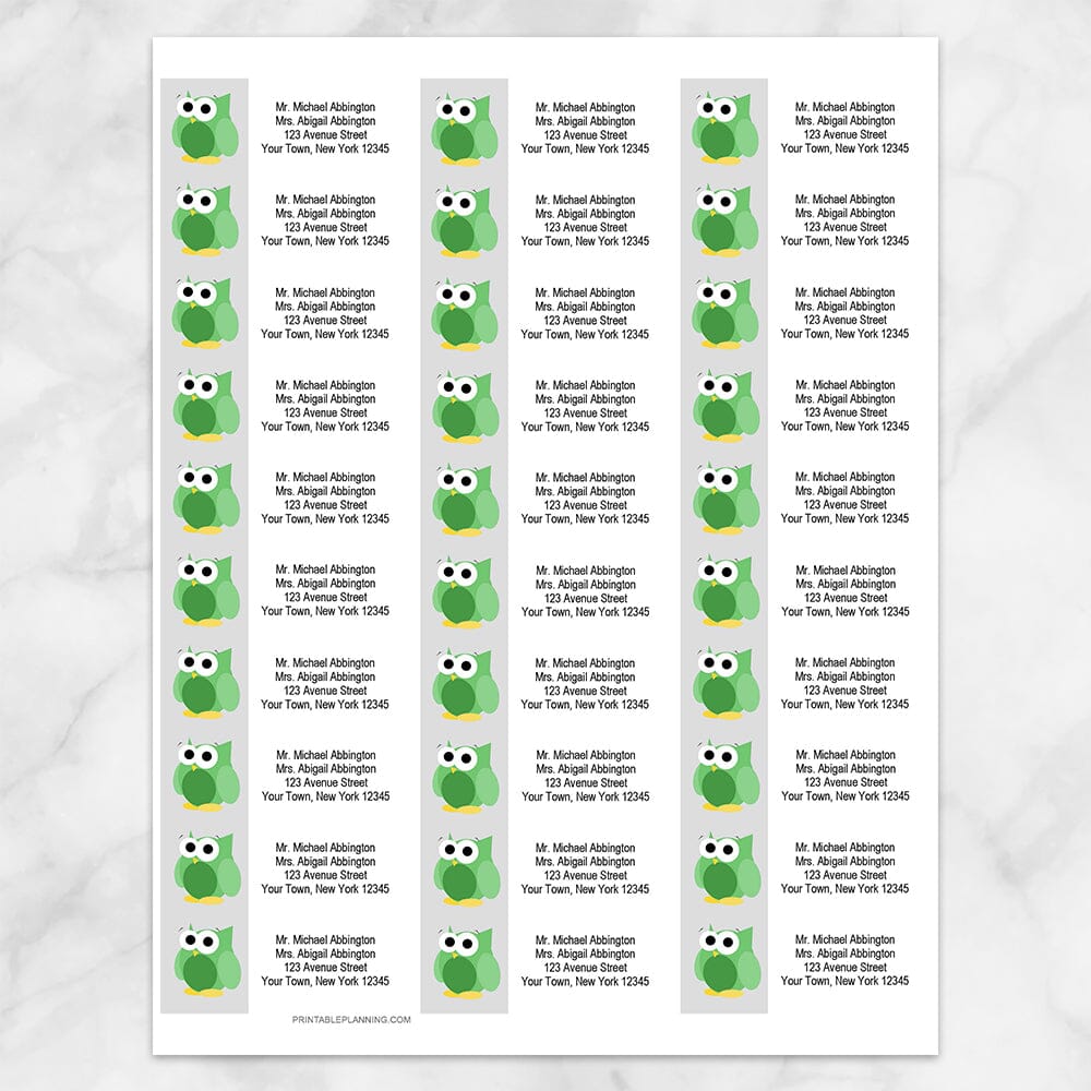 Printable Funny Cute Green Owl Address Labels at Printable Planning. Sheet of 30 labels.