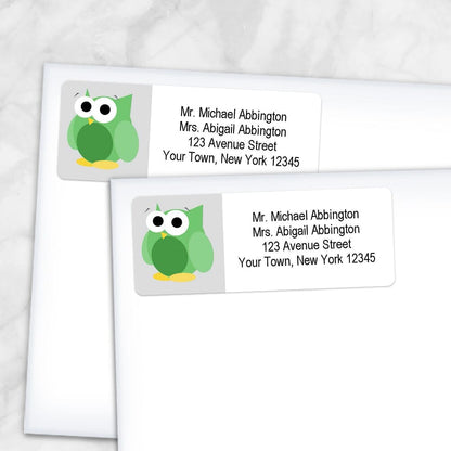 Printable Funny Cute Green Owl Address Labels at Printable Planning. Shown on envelopes.