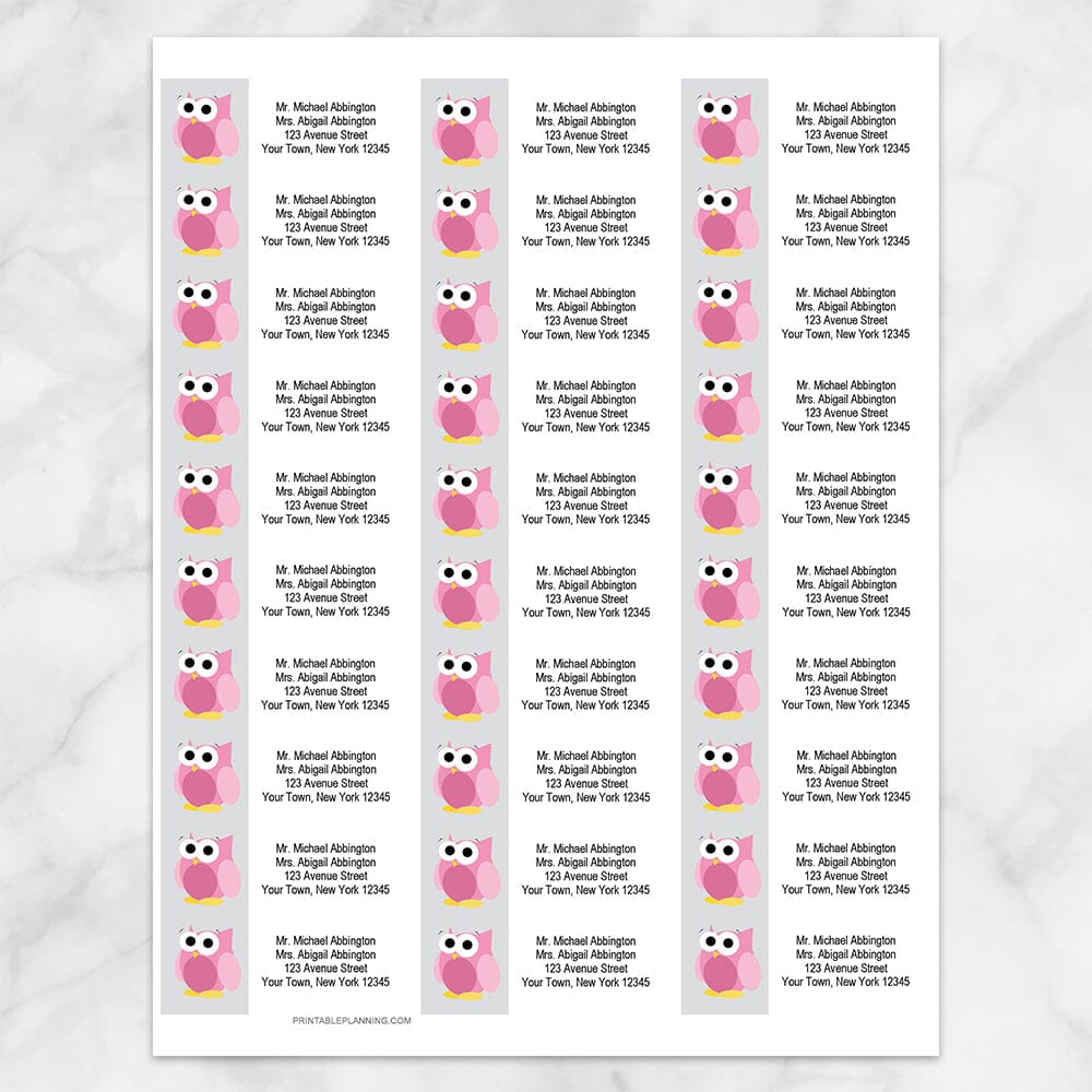 Printable Funny Cute Pink Owl Address Labels at Printable Planning. Sheet of 30 labels.