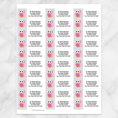 Printable Funny Cute Pink Owl Address Labels at Printable Planning. Sheet of 30 labels.