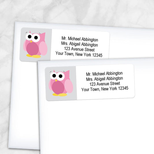 Printable Funny Cute Pink Owl Address Labels at Printable Planning. Shown on envelopes.