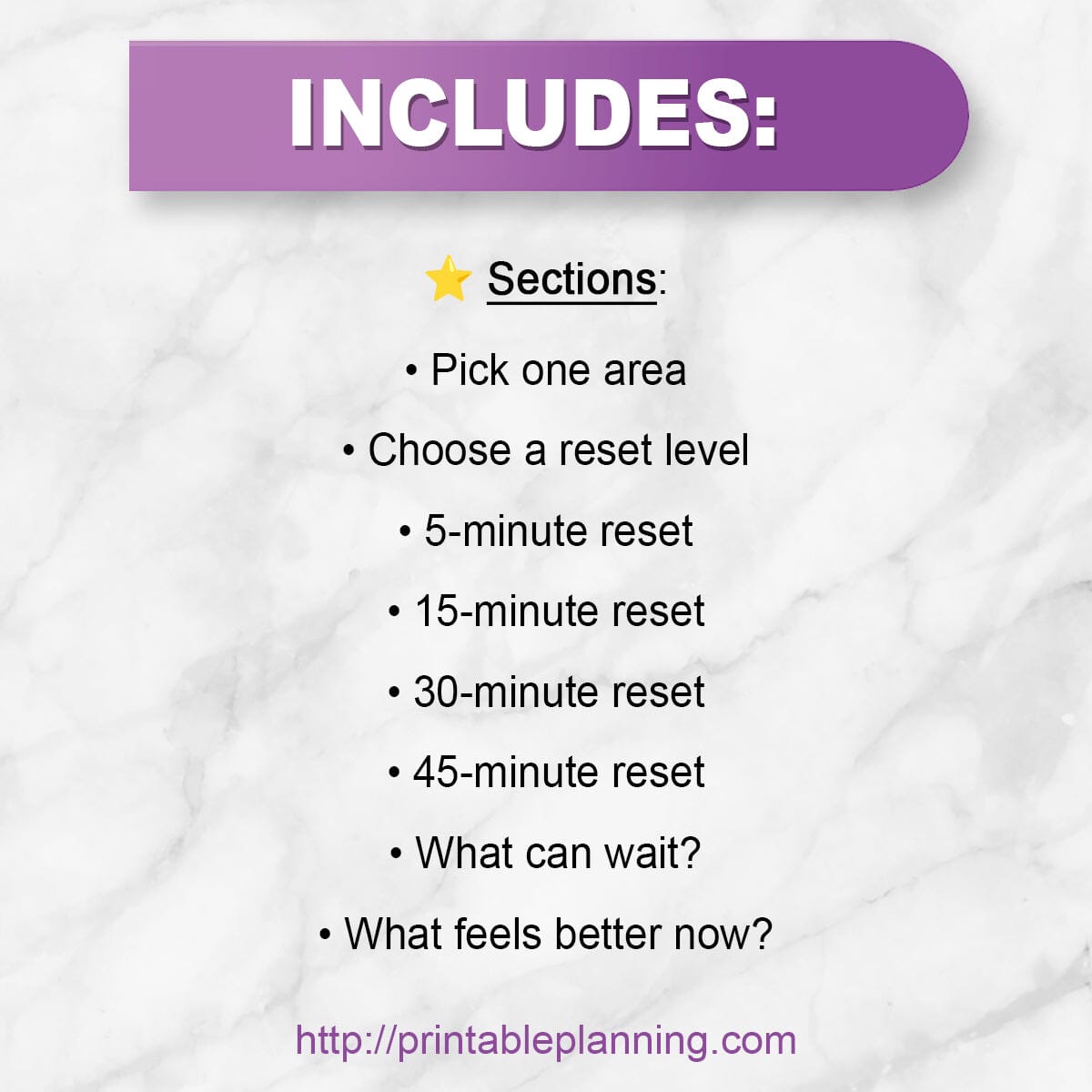List of sections included on the Gentle Home Reset Printable Checklist.