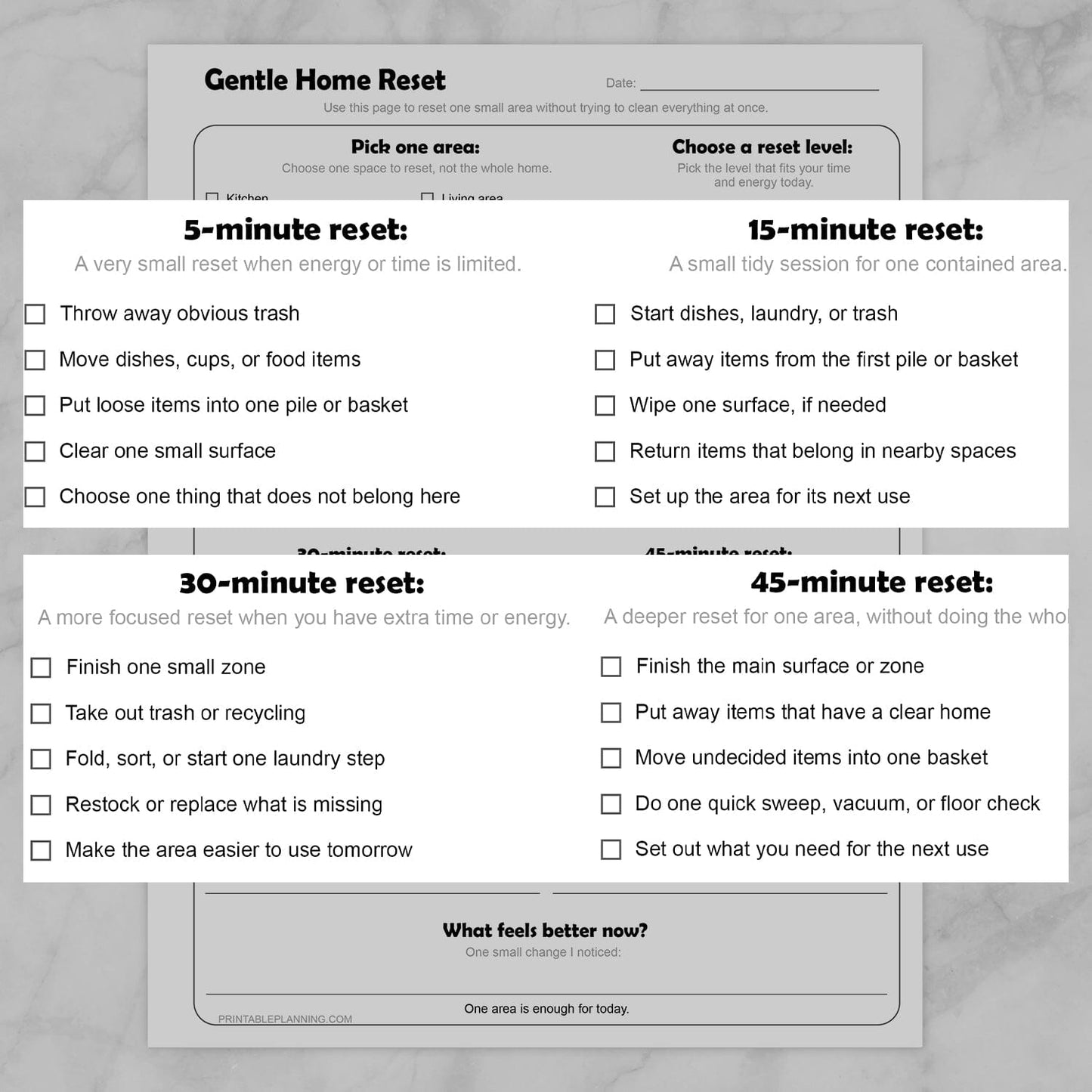 Zoomed in sections of the Gentle Home Reset Printable Checklist to show the reset checklist items.