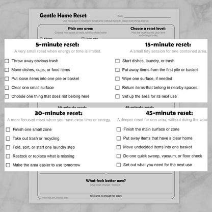 Zoomed in sections of the Gentle Home Reset Printable Checklist to show the reset checklist items.