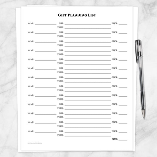 Printable Gift Planning List - Occasion or Holiday Organizer at Printable Planning.