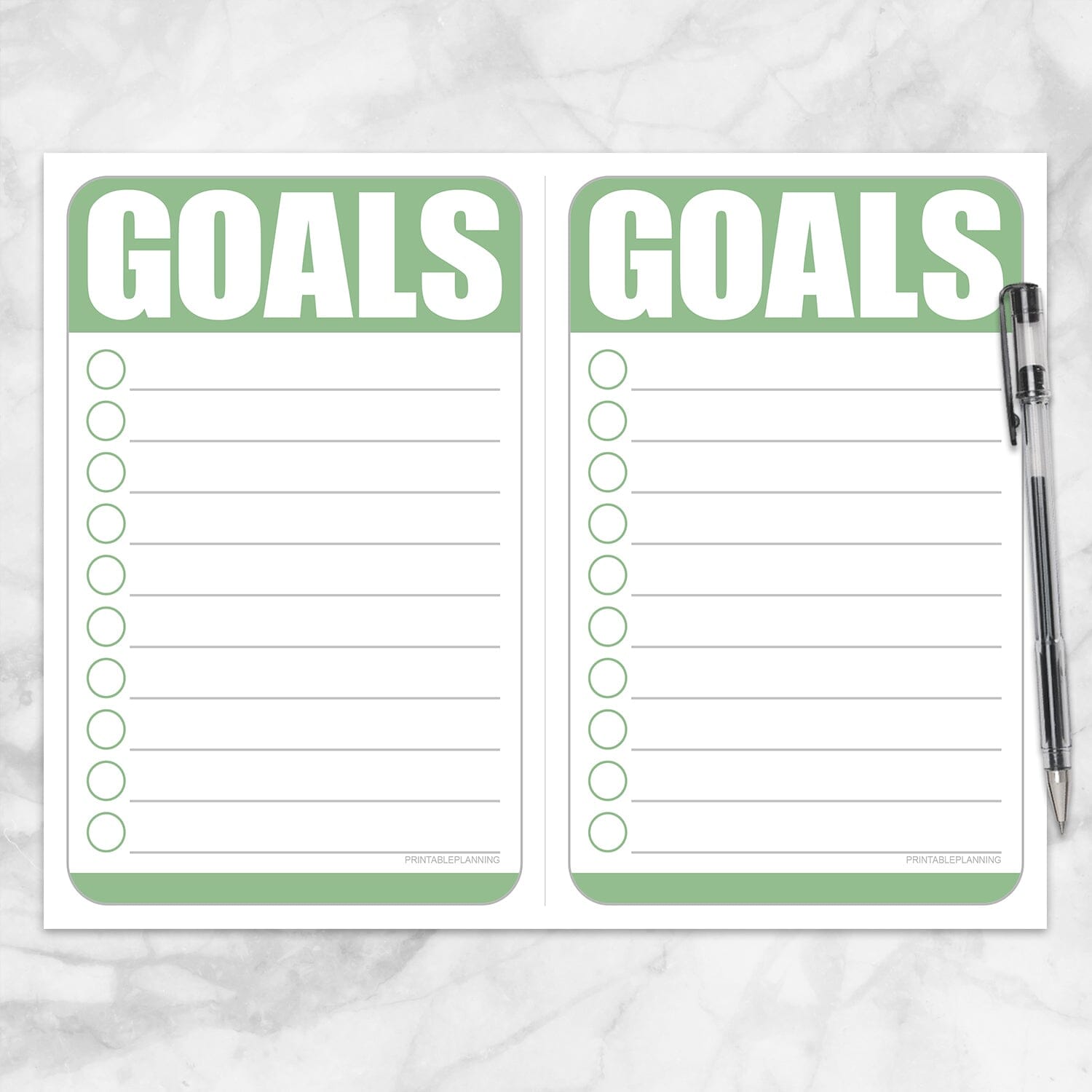 Printable Goals - two Green Half Page Checklists per sheet at Printable Planning.