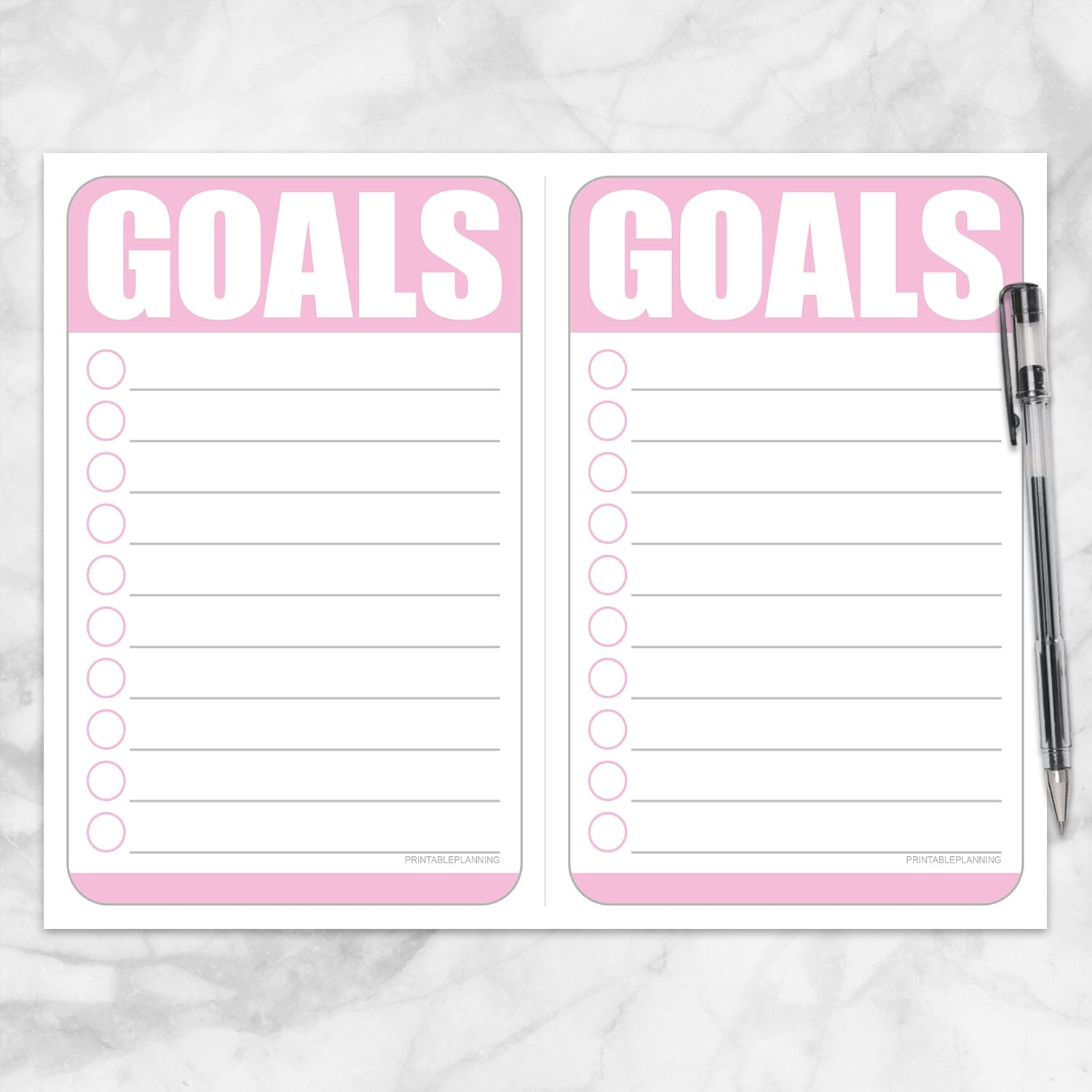 Printable Goals - Pink Sheet of two Half Page Checklists at Printable Planning.