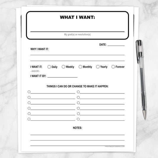 Printable Goals and Resolutions "What I Want" Page at Printable Planning.