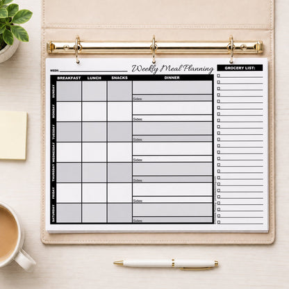 A printed Grayscale Weekly Meal Planner with Grocery List (printable page) shown in a beige binder on a table with a plant, coffee, sticky notes, and a pen.
