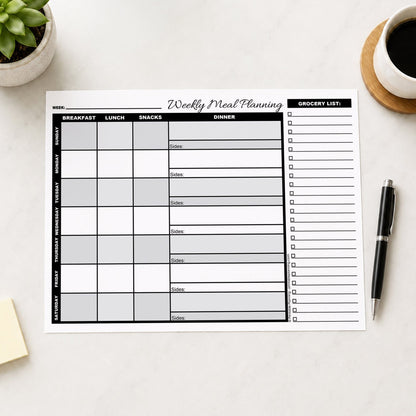 A printed Grayscale Weekly Meal Planner with Grocery List (printable page) shown on a table with a plant, coffee, sticky notes, and a pen.