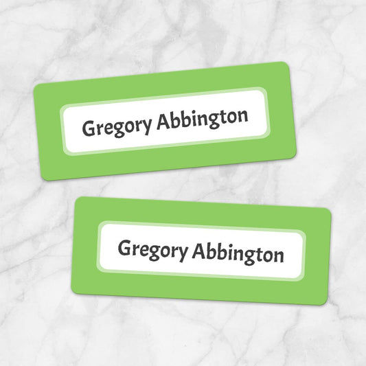 Printable Green Border Name Labels for School Supplies at Printable Planning. Example of 2 labels.