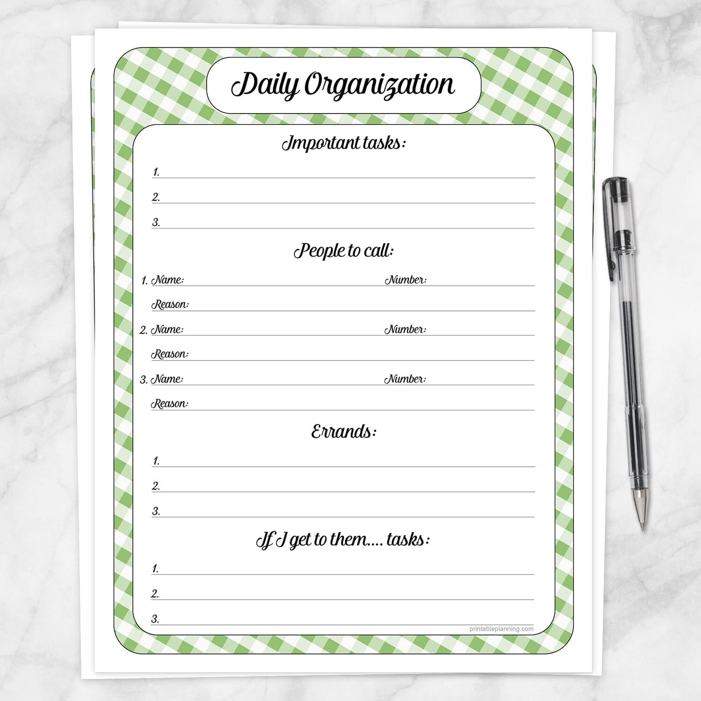 Printable Green Gingham Daily Organization Category Task Sheet at Printable Planning.