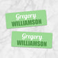 Printable Green Name Labels for School Supplies at Printable Planning. Example of 2 labels.