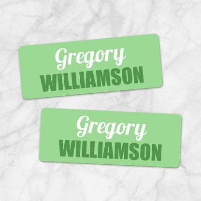 Printable Green Name Labels for School Supplies at Printable Planning. Example of 2 labels.