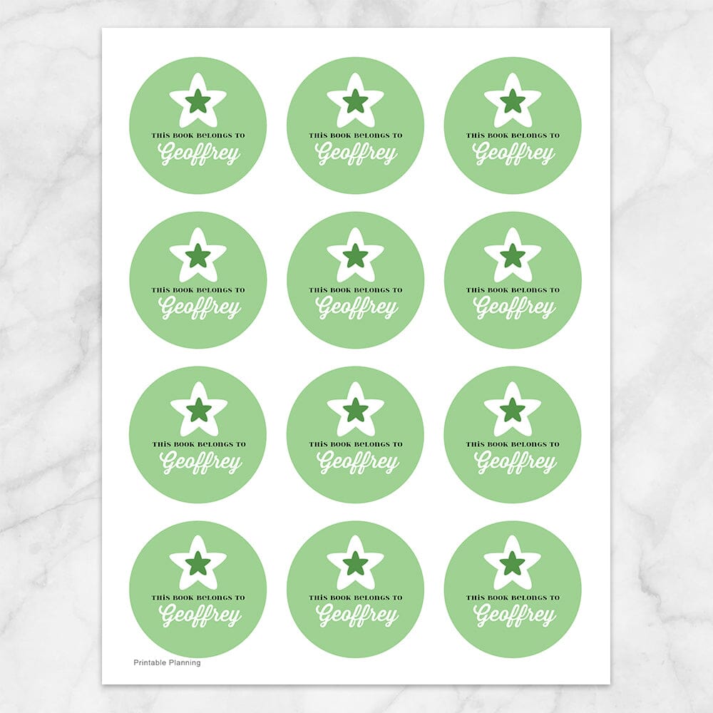Printable Green Star Personalized Bookplate Stickers at Printable Planning. Sheet of 12 stickers.