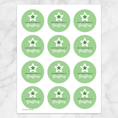 Printable Green Star Personalized Bookplate Stickers at Printable Planning. Sheet of 12 stickers.