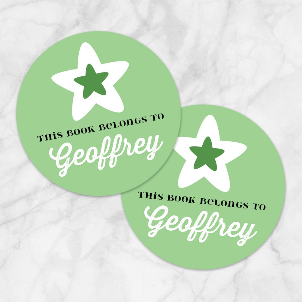 Printable Green Star Personalized Bookplate Stickers at Printable Planning. Example of 2 stickers.