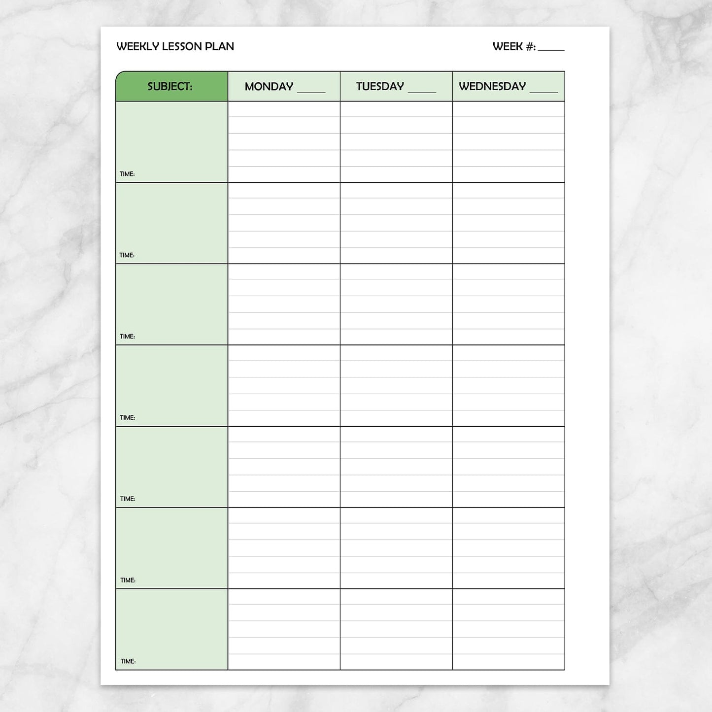 Printable Green Weekly Lesson Plan for Teachers, School Planning Pages (left side, back page) at Printable Planning.
