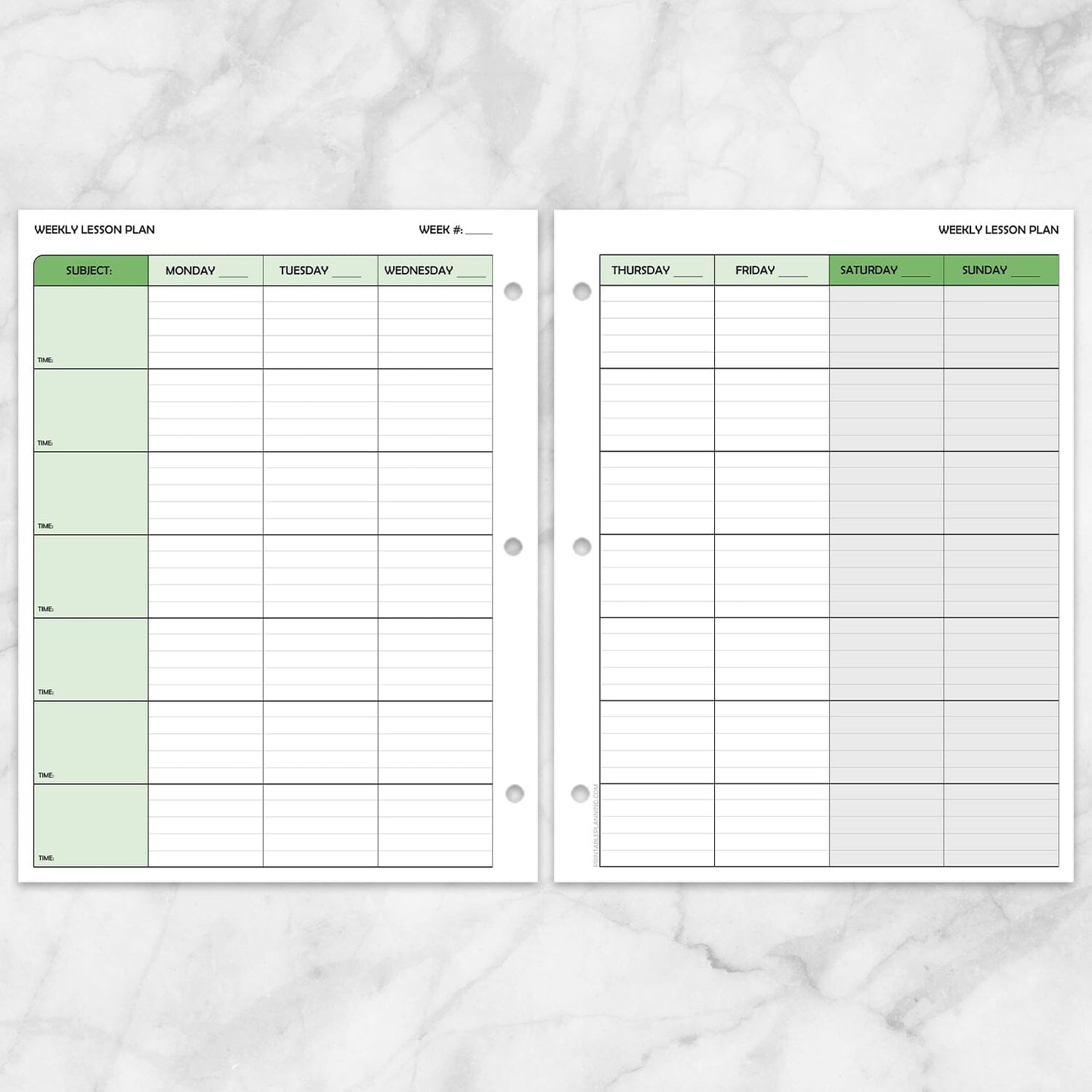 Printable Green Weekly Lesson Plan for Teachers, School Planning Pages at Printable Planning. Front and back, facing page, with 3-hole punch example.
