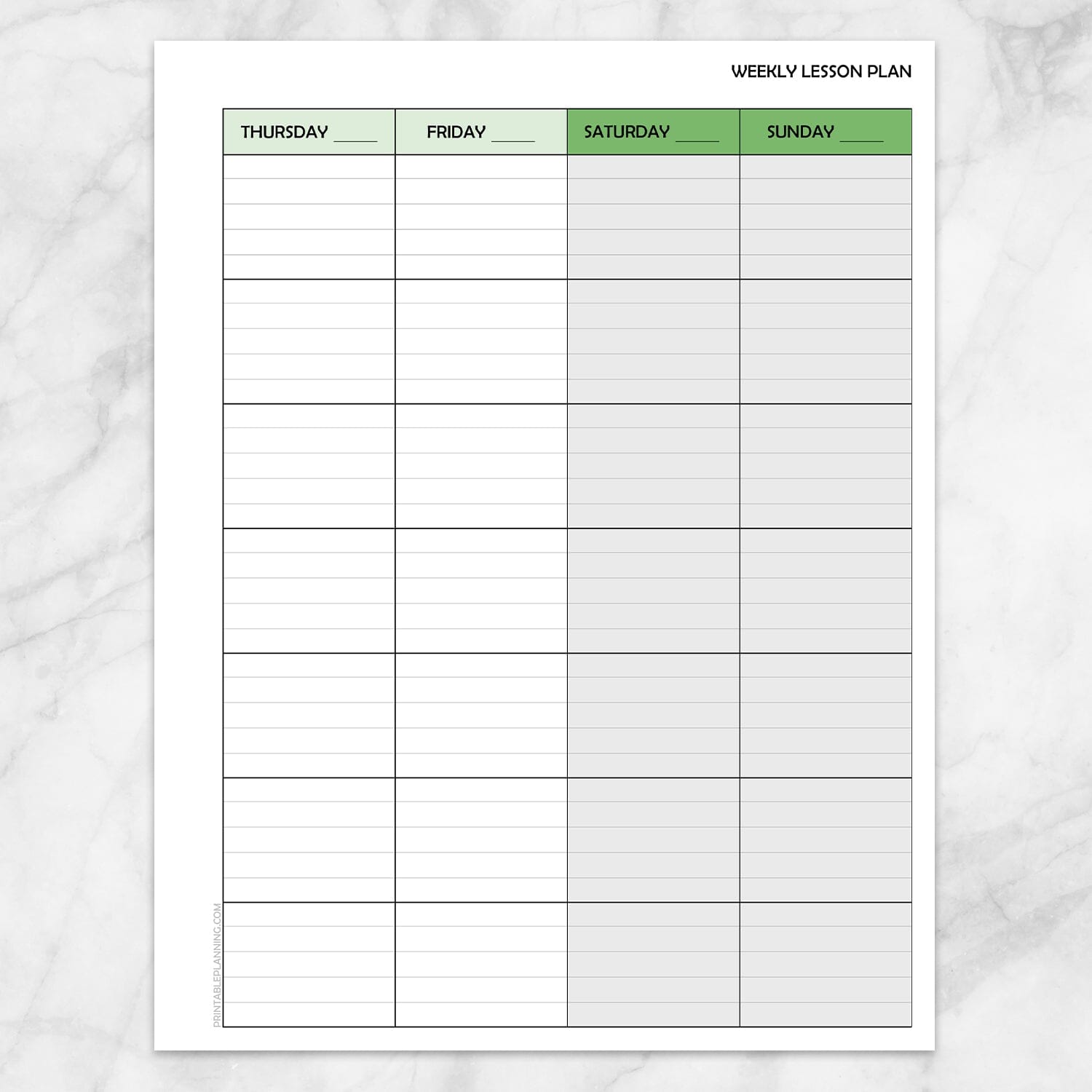 Printable Green Weekly Lesson Plan for Teachers, School Planning Pages (right side, front page) at Printable Planning.