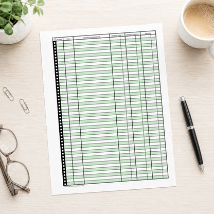 Green Printable Check Register - Full-Page Transaction Tracker shown on a desk with glasses, coffee, a plant, and a pen.