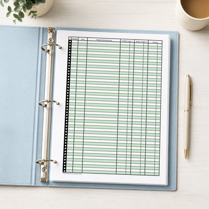 Green Printable Check Register - Full-Page Transaction Tracker shown in an open light blue binder on a desk with a plant, coffee, and a pen.