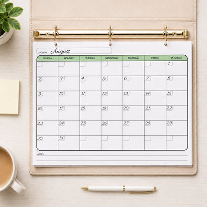The printed Undated Monthly Calendar - Green Full-Page Planner (printable) page shown with example writing in a beige binder on a desk with a plant, sticky notes, coffee, and a pen.